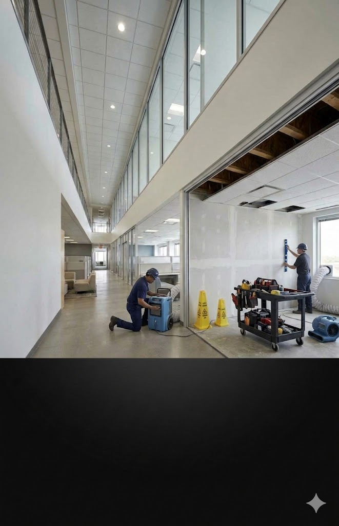 Commercial restoration crew working inside an occupied office building during reconstruction