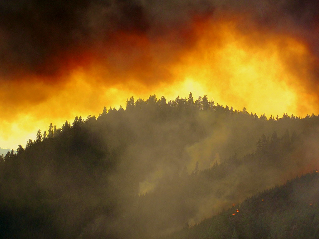 Mountain wildfire burning with smoke plume rising over Utah valley